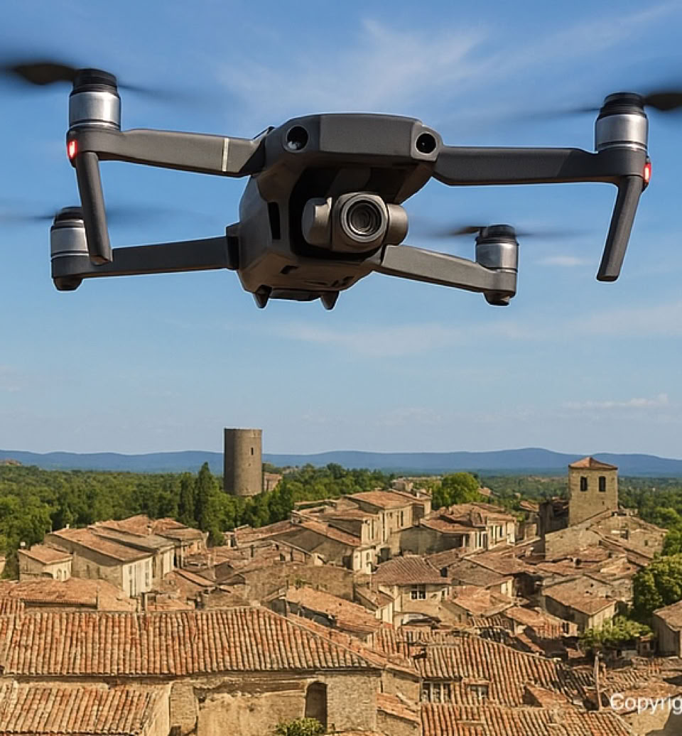 Un drone volant au-dessus d'un village avec des toits en tuiles et des tours, entouré de verdure, sous un ciel bleu.