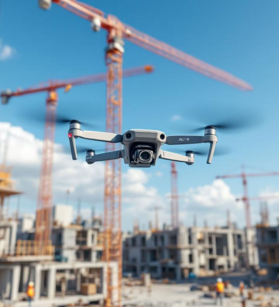 BTP Un drone volant devant un chantier de construction avec des grues et des bâtiments en arrière-plan.