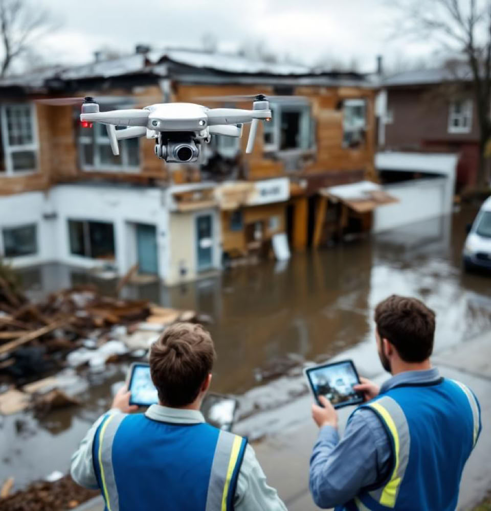 Deux personnes en gilets bleus contrôlent un drone au-dessus d'une zone inondée avec des maisons endommagées et une camionnette blanche.