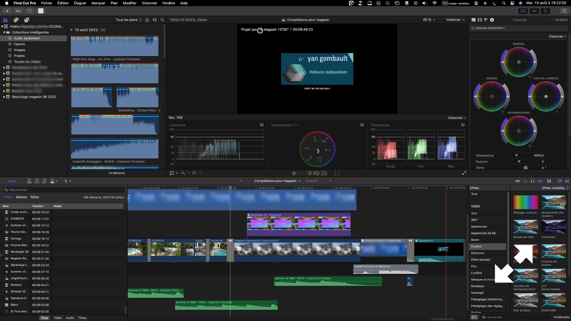Interface d'un logiciel de montage vidéo avec plusieurs pistes, fenêtres de prévisualisation, et outils de correction des couleurs.