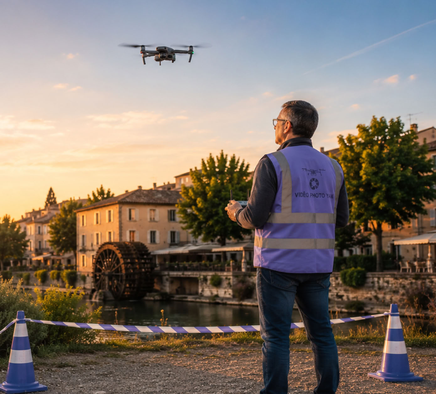 Yan Gombault portant un gilet violet regarde un drone volant près d'une rivière avec des bâtiments et des arbres en arrière-plan.